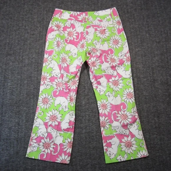 Vintage Lilly Pulitzer Liza Capri Pants Women 0P Pink Green Lion Sun Flowers Y2K - Picture 3 of 12